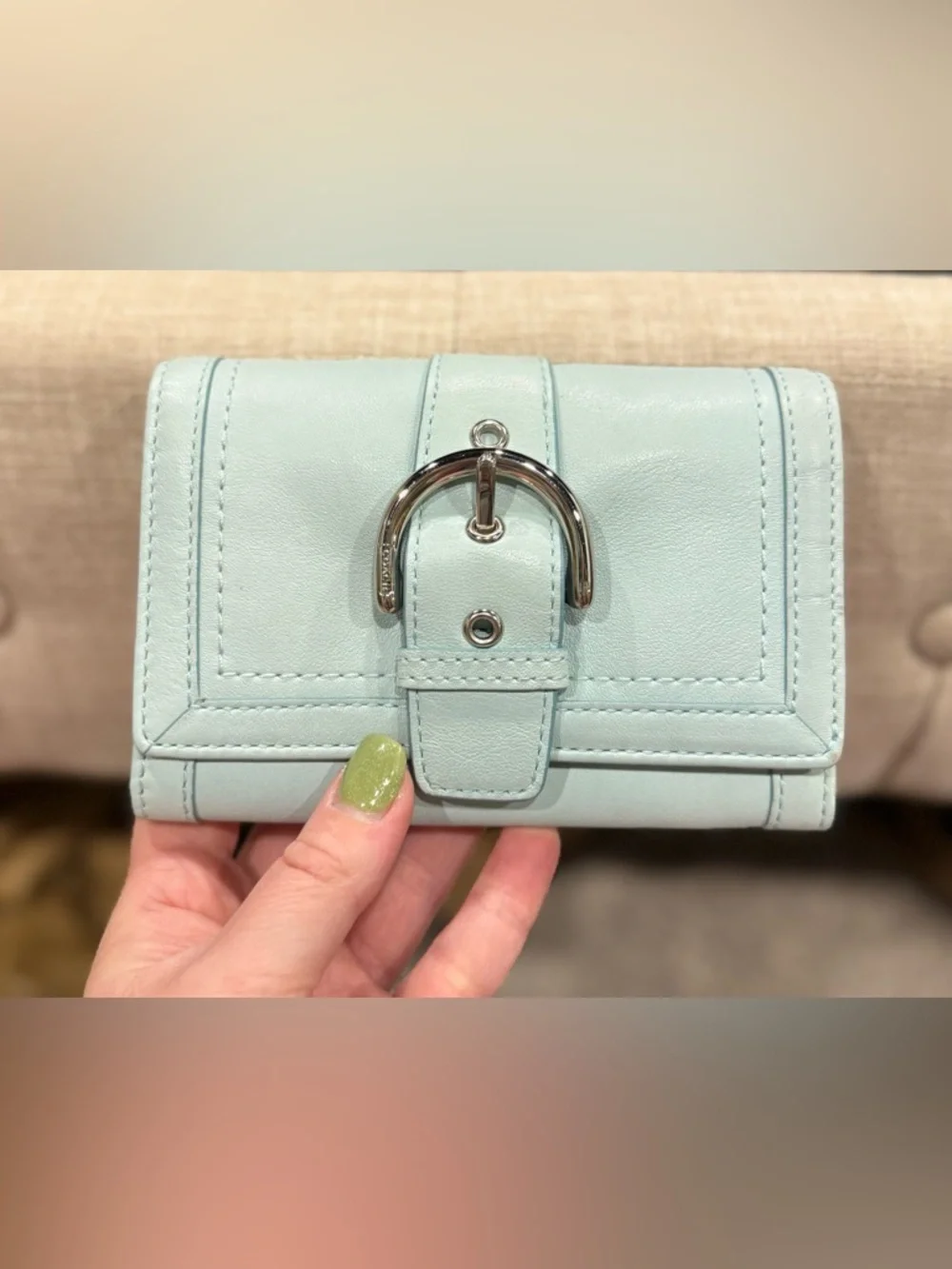 Coach Y2K Soho Silver Buckle Smooth Leather Mint/Sea Foam Folding Snap Wallet - Picture 10 of 12